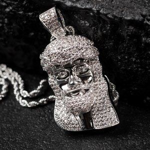 SIMULATED DIAMOND SILVER PLATED BRASS JESUS HEAD & 18" ~ 24" ROPE CHAIN NECKLACE